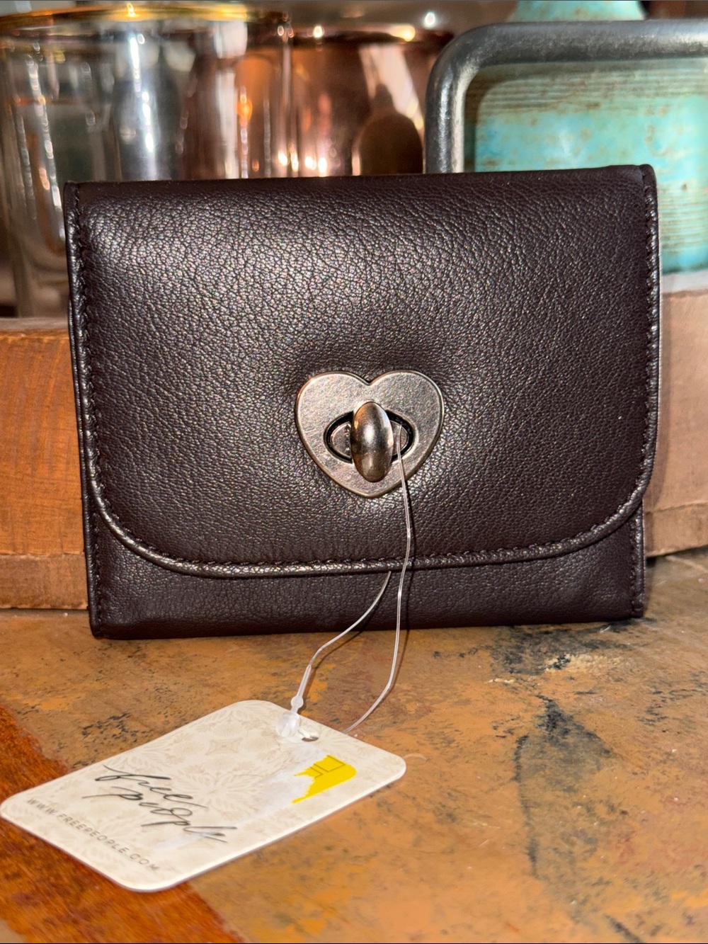 Free People Chocolate Black Leather Compact Wallet with Heart Hardware